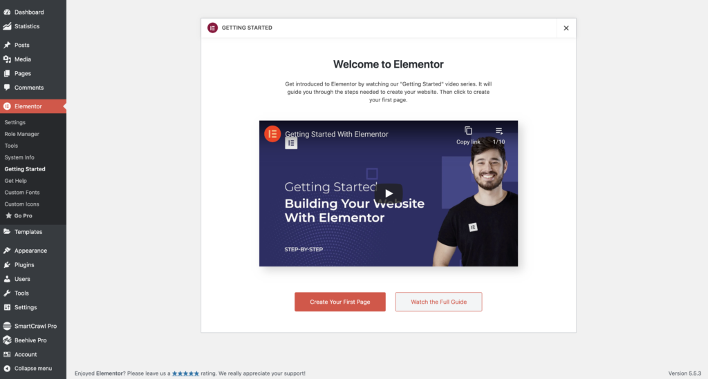 A screenshot of the Elementor "getting started" page.