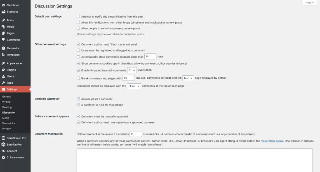 A screenshot of the WordPress discussion settings page.