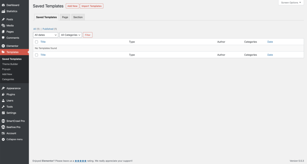 A screenshot of the Elementor templates page.