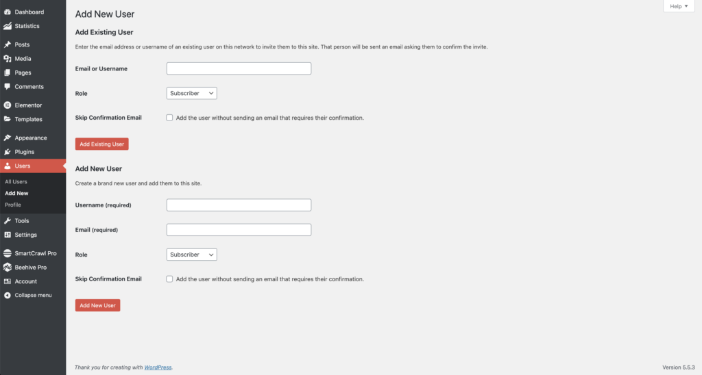 A screenshot of the WordPress "add user" settings page.