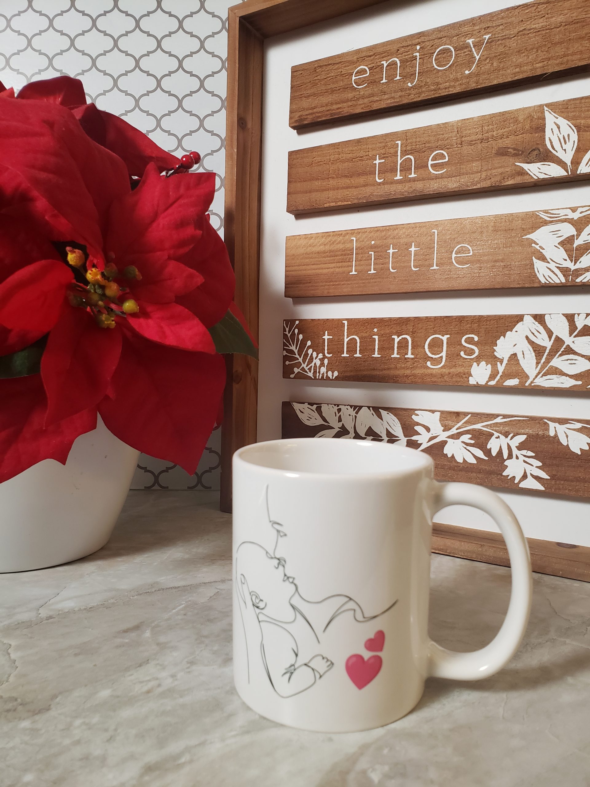 Coffee Cup with wall plaque and flower